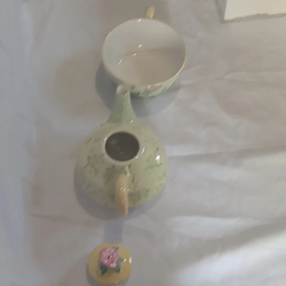 Tea For One Floral Ceramic Teapot Cup & Lid Set 3-Piece Boxed Green Pink